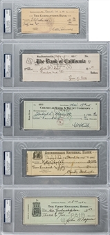 Set of "First Five" HOF Inductees Signed Checks (Ruth, Mathewson, Cobb, Wagner and Johnson) All Checks PSA Mint 9 